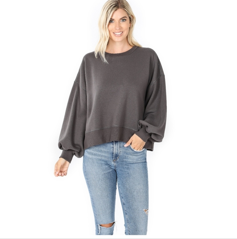Zenana Charcoal Balloon Sleeve Sweatshirt Oversized Pullover Sizes: S–3X - Picture 1 of 4